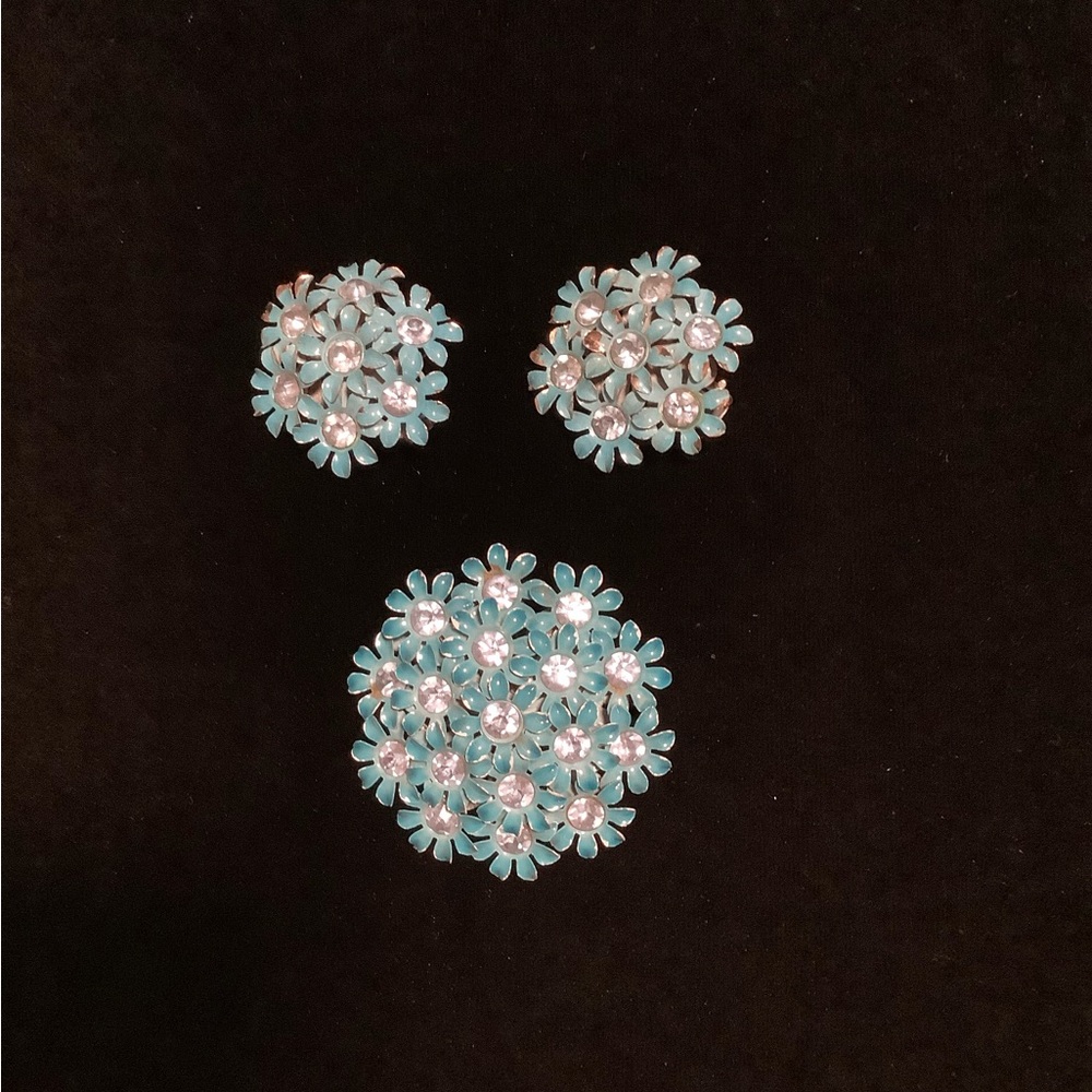 Vintage Classic Beautiful Light Blue Floral Brooch & Earrings -EUC